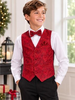 Gioberti Boys Size 12 Red Paisley 4 Piece Formal Vest Set NWT